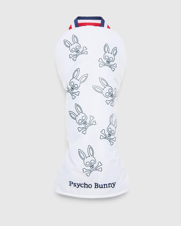 The MULTI BUNNY DRIVER HEAD COVER - PBMG4SH1 by Psycho Bunny features blue bunny with crossbones sketches on white, topped with red, white, and blue striping. "Psycho Bunny" is embroidered at the base. It offers padded protection to keep your gear safe and stylish on the course.