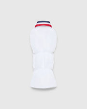The MULTI BUNNY FW HEAD COVER FW by Psycho Bunny features a red and blue striped collar and a textured pattern, perfect for cold weather. This high-quality pet puffer jacket has a sleeveless design and is displayed on a plain background. Product Code: PBMG4SH2.