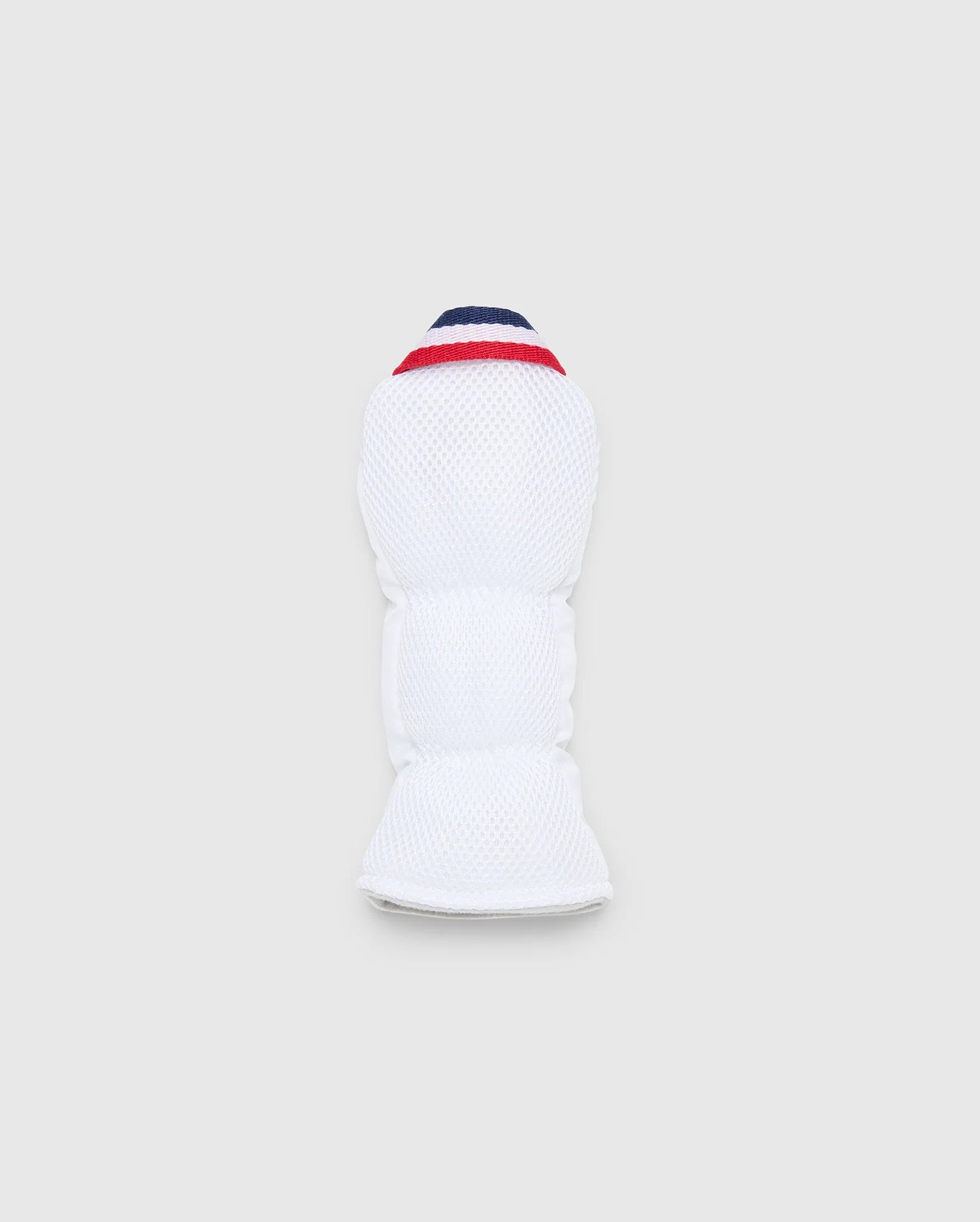 The MULTI BUNNY HYBRID HEAD COVER - PBMG4SH3 by Psycho Bunny is a white protective sports pad with red and blue accents. Made from durable ripstop fabric, it offers flexibility and cushioning for limb protection. This stylish piece is presented on a light gray background.