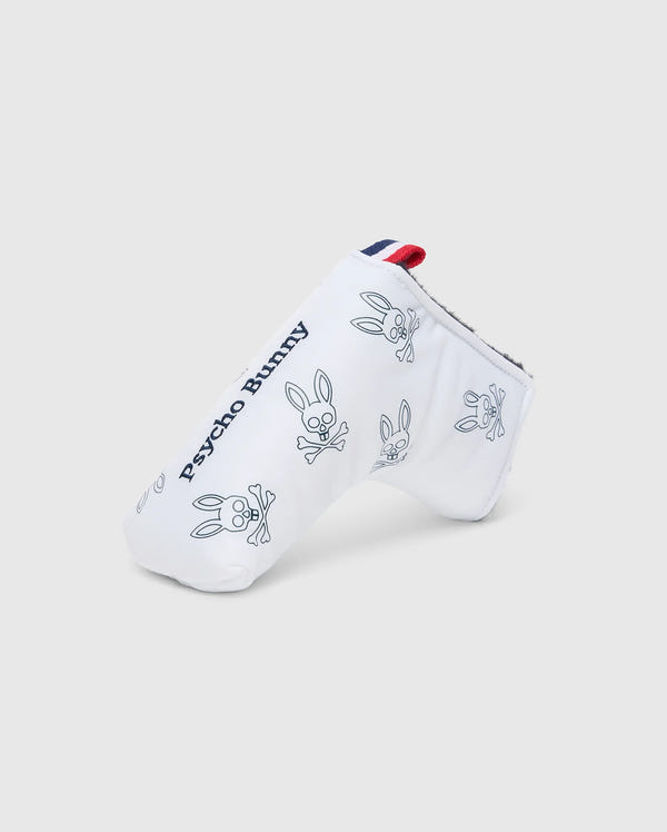 The MULTI BUNNY BLADE PUTTER COVER - PBMG4SH5 by Psycho Bunny is a must-have golf accessory, with bunny and crossbones line drawings and "Psycho Bunny" text. The white cover, accented with red, white, and blue stripes, adds personality to your game.