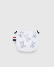 The Psycho Bunny MULTI BUNNY MALLET PUTTER COVER - PBMG4SH6 is a small white bag featuring six black bunny skull and crossbones designs, with a stylish navy and red striped side loop, perfect for golf accessories against a plain gray backdrop.