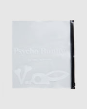 A vibrant print, clear, zippered pouch featuring the embossed logo "KIDS GUY SWIM TRUNK - B0W114Y1PO" with a graphic of a stylized rabbit by Psycho Bunny.