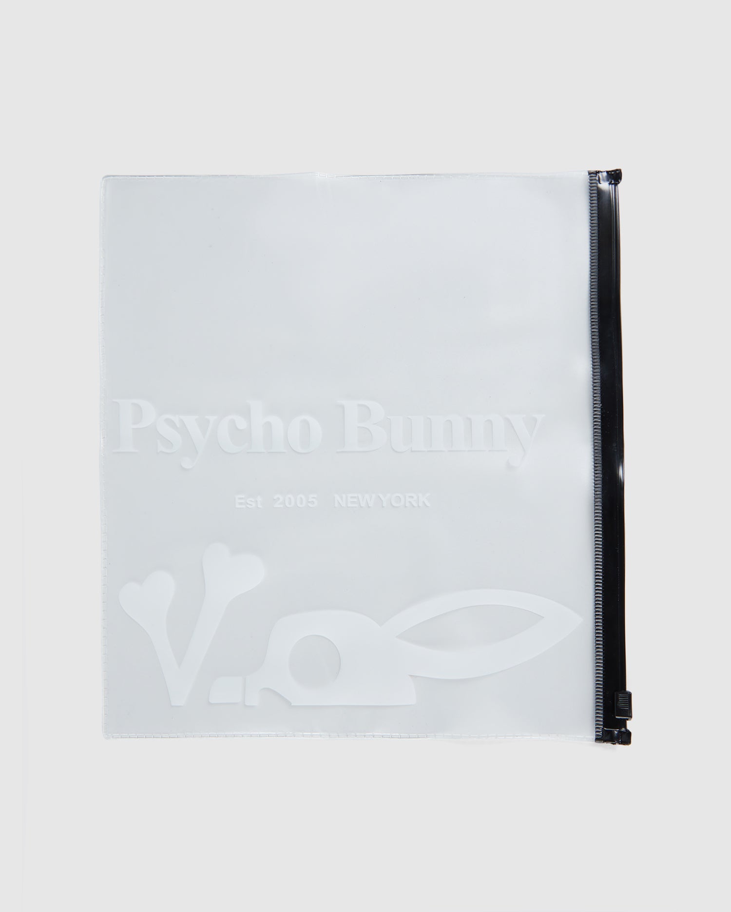 A vibrant print, clear, zippered pouch featuring the embossed logo "KIDS GUY SWIM TRUNK - B0W114Y1PO" with a graphic of a stylized rabbit by Psycho Bunny.