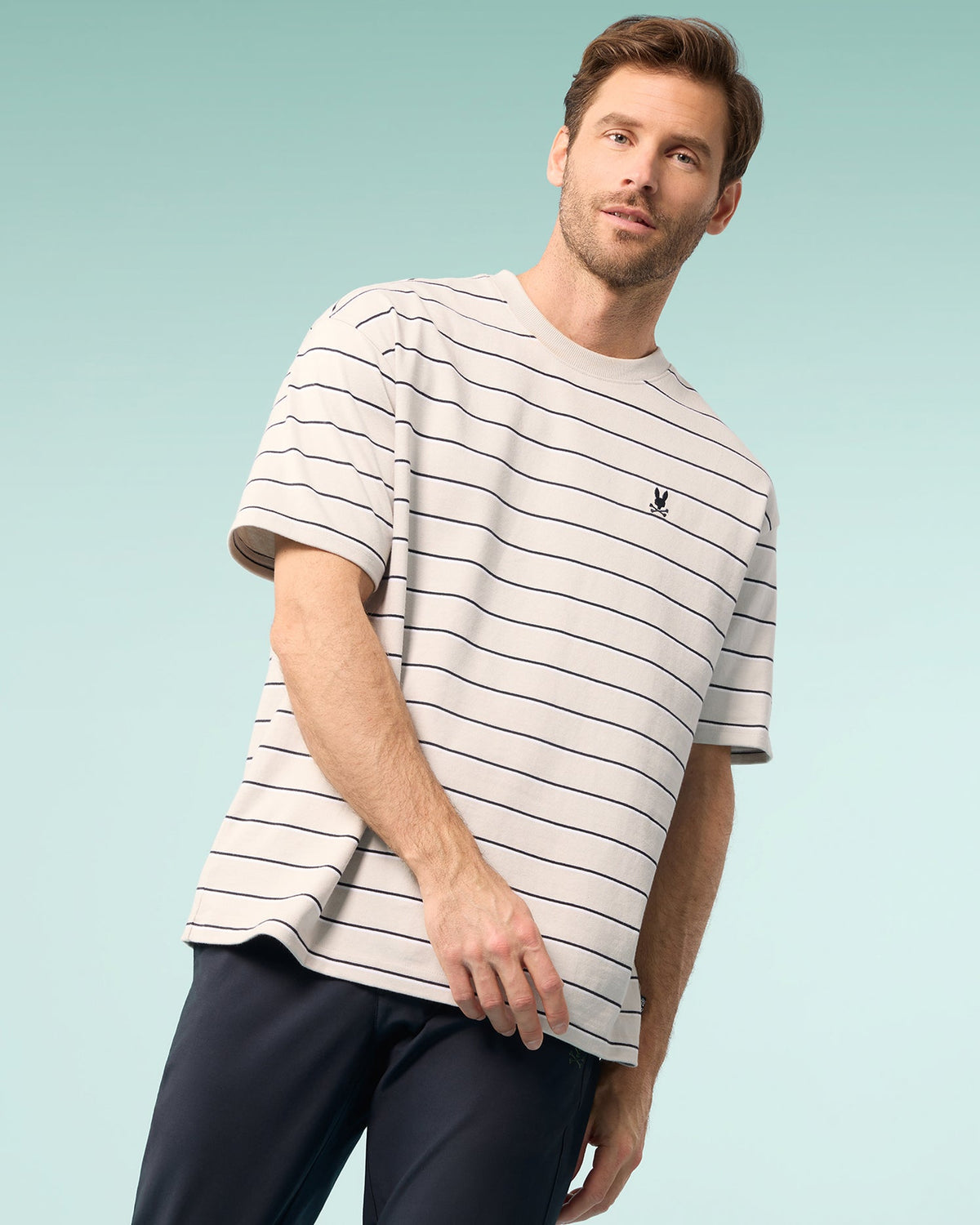 Front view of a male model wearing the mens pima cotton alton stripe heavy weight tee in pearl